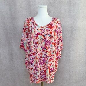 Dear Scarlett Boutique Tropical Floral Women's Blouse in Vibrant Coral Pallet